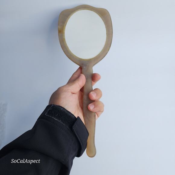 Antique hand mirror w cigarette burn floral design celluloid 14" - Picture 10 of 12